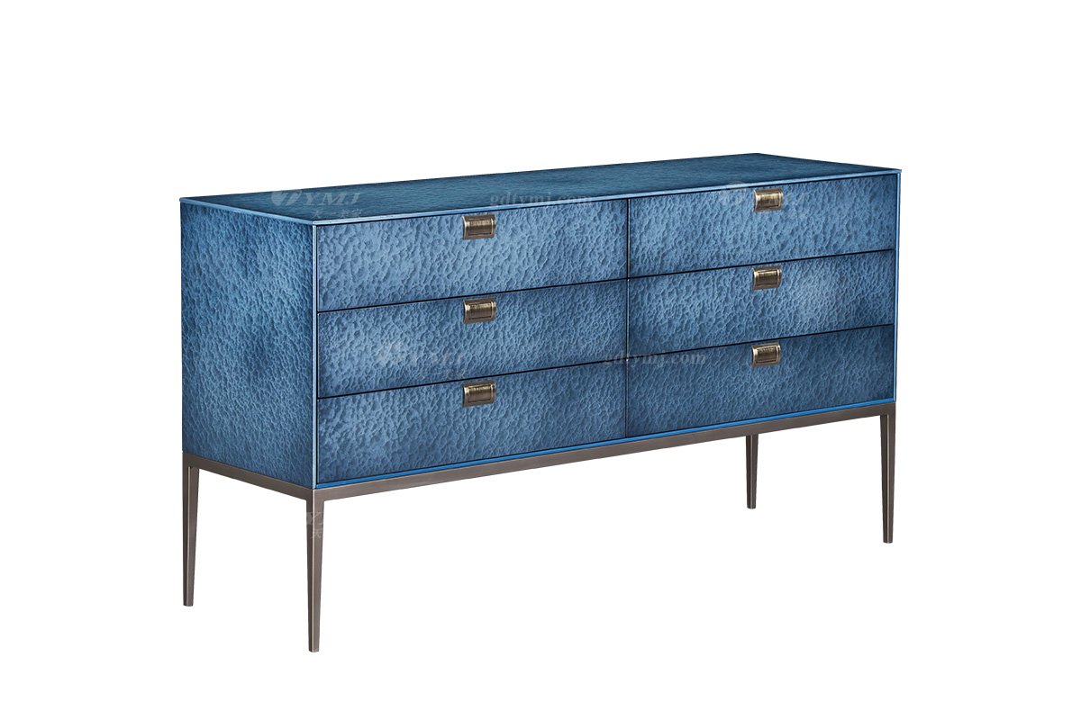 时尚91精品久久久久久水蜜桃意式极简家具大宅家用大气拉丝不锈钢五金脚墨绿色水波纹六斗柜