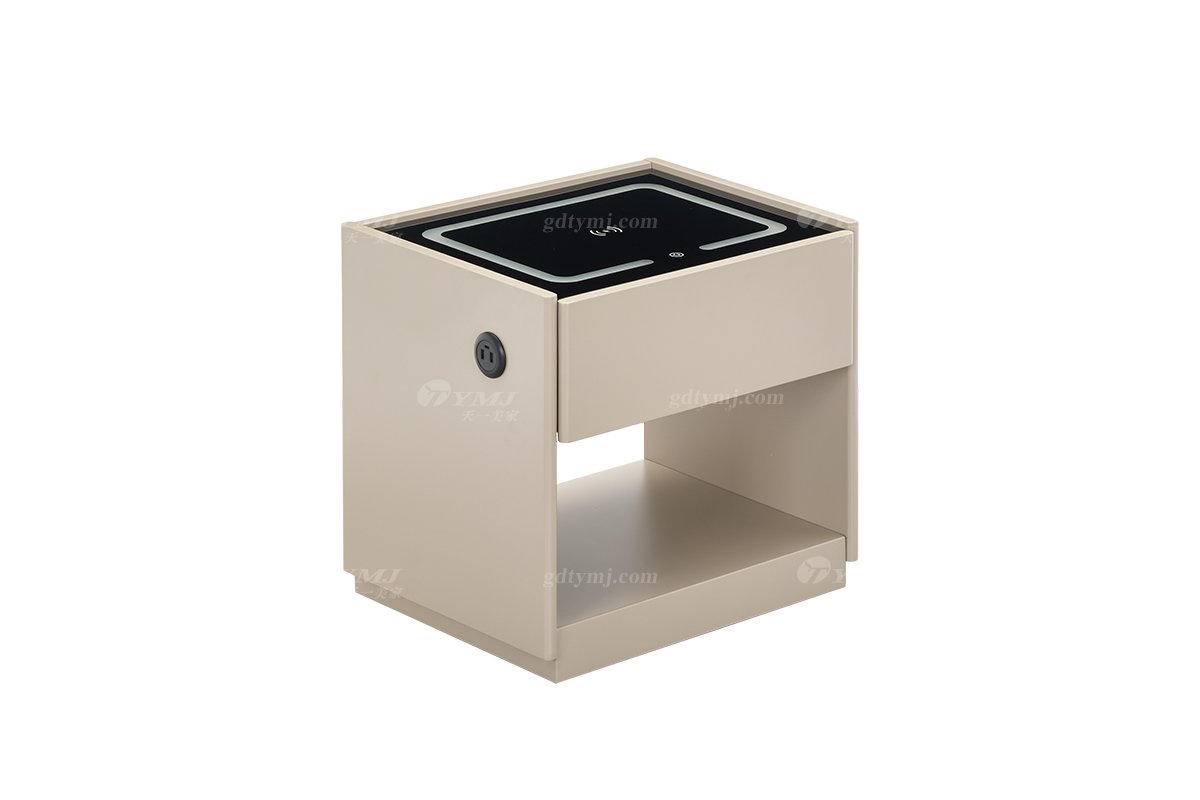 时尚91精品久久久久久水蜜桃意式极简家具别墅大宅钢化玻璃面卡其色哑光带灯带床头柜