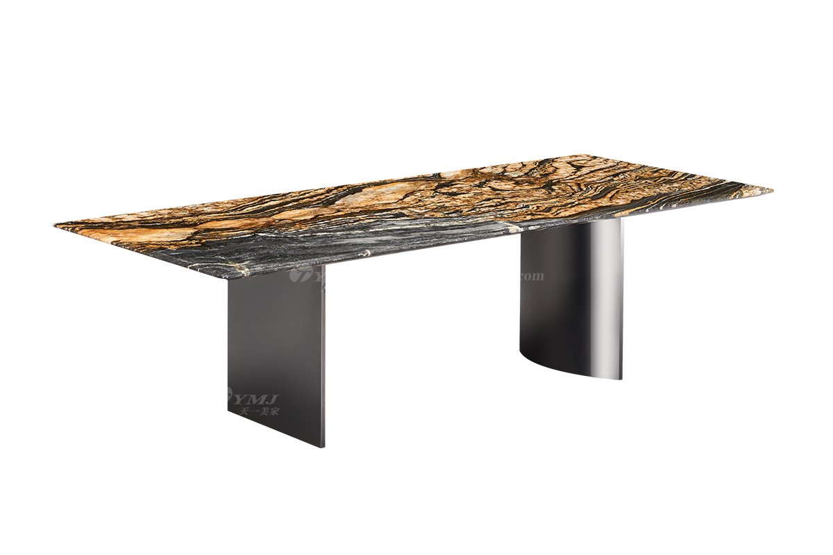 时尚91精品久久久久久水蜜桃意式极简家具别墅大宅家用奢华黄金丝绸大理石+镜面不锈钢底长餐台