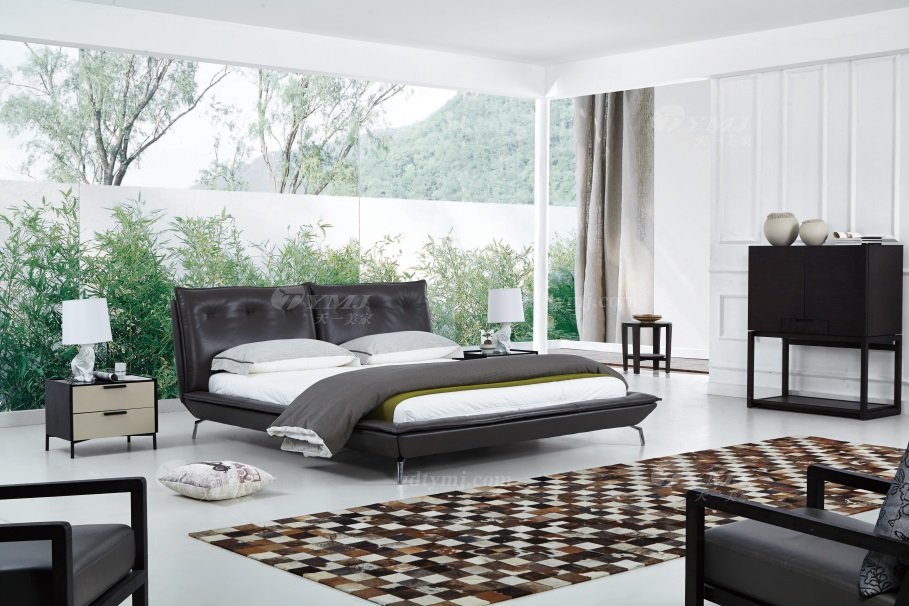  现代简约家具91精品久久久久久水蜜桃别墅会所家用时尚舒适棕色皮艺大床婚床双人床A2203场景