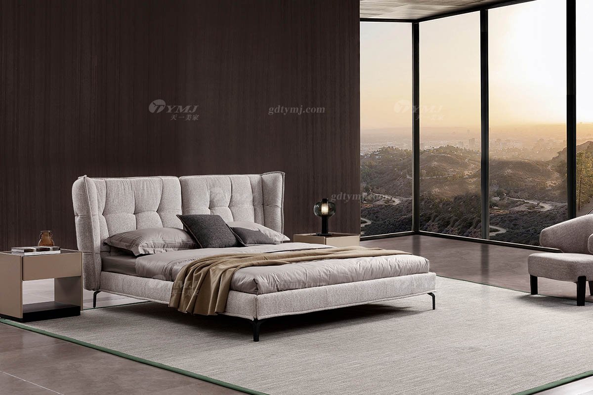  现代简约家具91精品久久久久久水蜜桃别墅会所家用时尚舒适灰色布艺主人房大床婚床双人床A2295B场景1