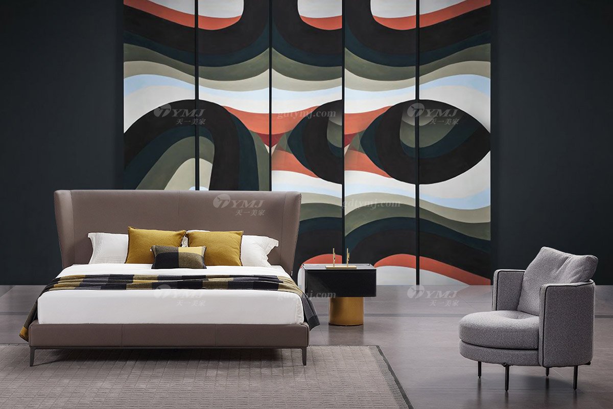  现代简约家具91精品久久久久久水蜜桃别墅会所家用时尚舒适深灰色真皮大床婚床双人床A2312场景